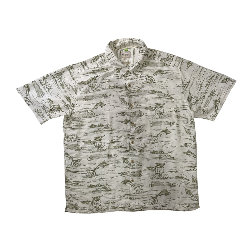 Quiksilver Waterman Marlin Fishing Shirt Mens XXL White Green Comfort Fit Short